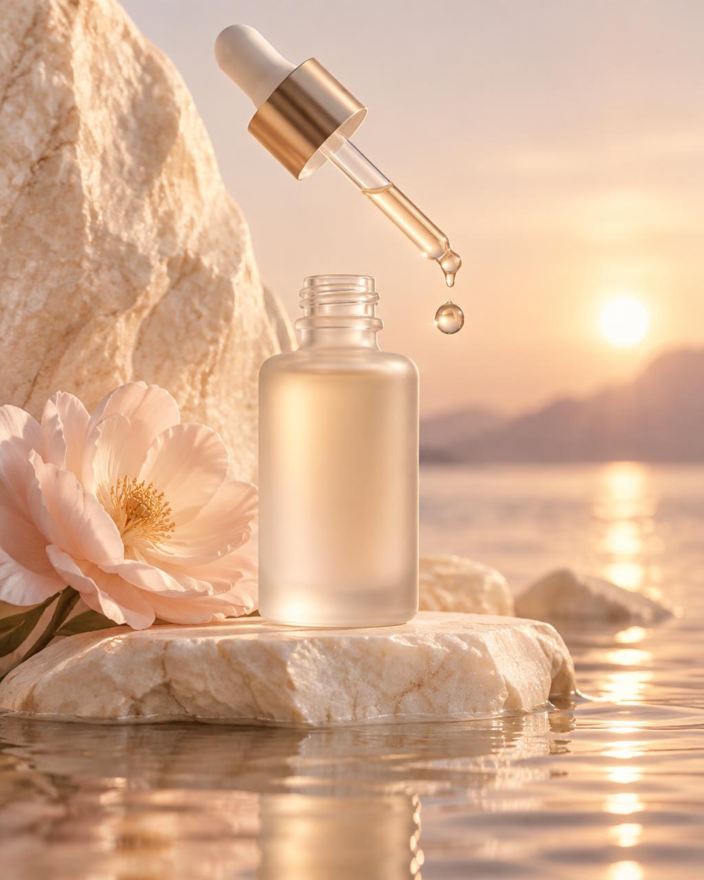 A frosted skincare serum bottle and glass dropper glowing in warm pearlescent light